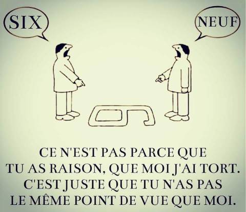 Deux personnes ne sont pas d'accord sur un chiffre dessiné au sol. Est-ce un six ou un neuf ? La légende lit : "Ce n'est pas parce que tu as raison, que moi j'ai tort. C'est juste que tu n'as pas le même point de vue que moi."